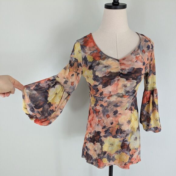Anthropologie Mesh Top M Yellow Orange Floral Bell Sleeve Empire Babydoll - Picture 1 of 13